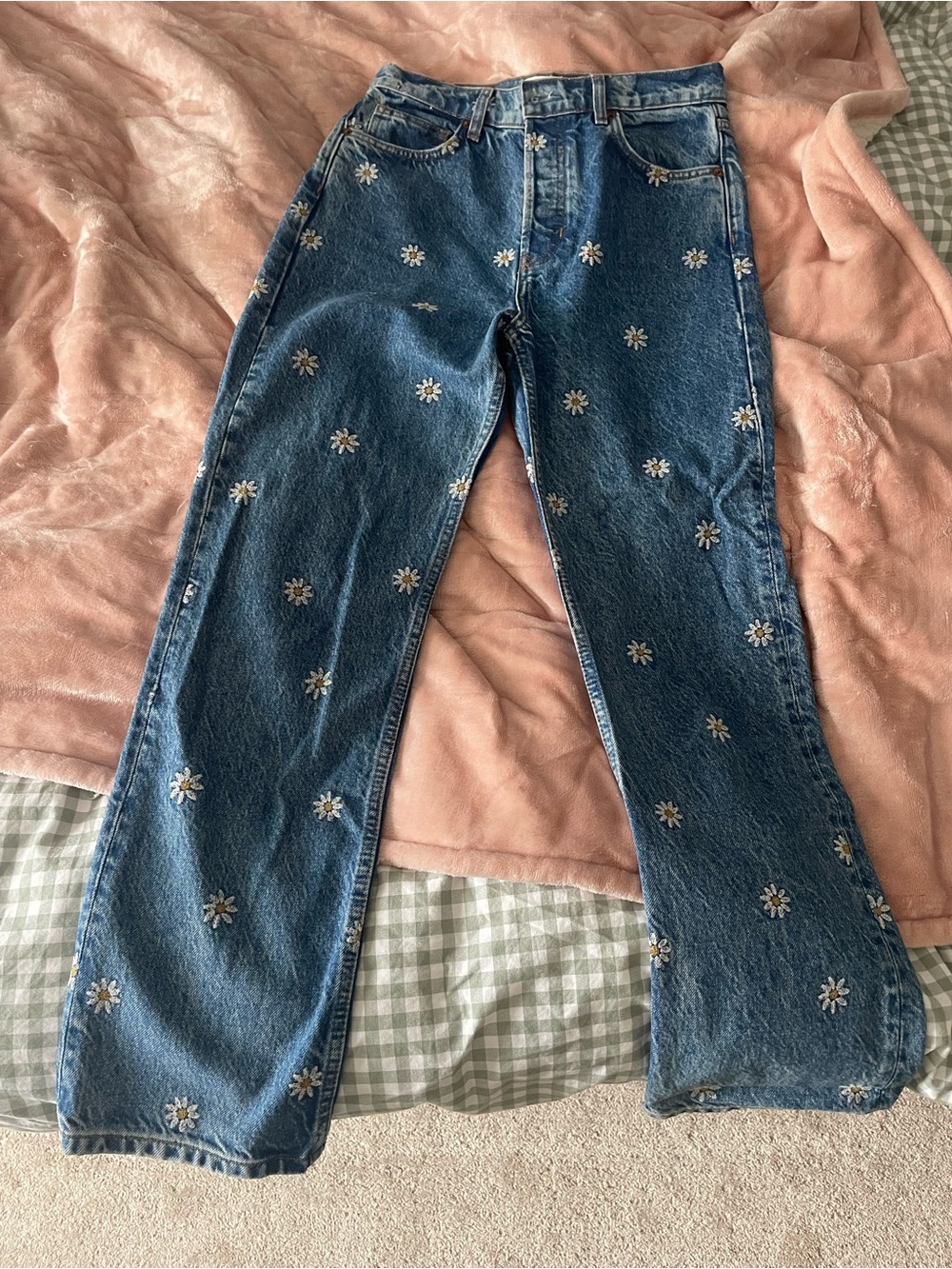Reformation Blue Straight-Leg Jeans with Daisy Embroidery